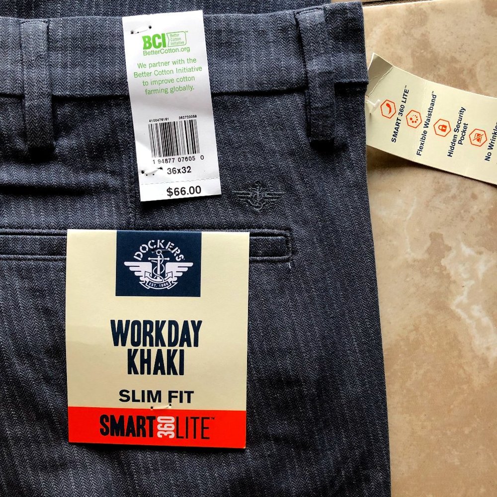 Dockers Workday Khaki Slim Fit 36 x 32 Smart 360 Lite Grey w/White Pinstripe